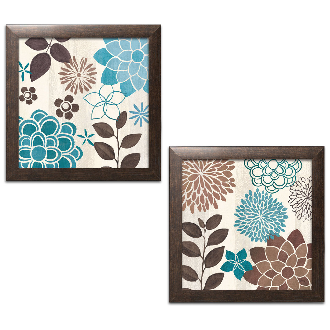 " Beautiful Turquoise And Brown Flower And Leaf " by Veronique Charron 2 - Pieces (Set of 2) Red Barrel Studio® 