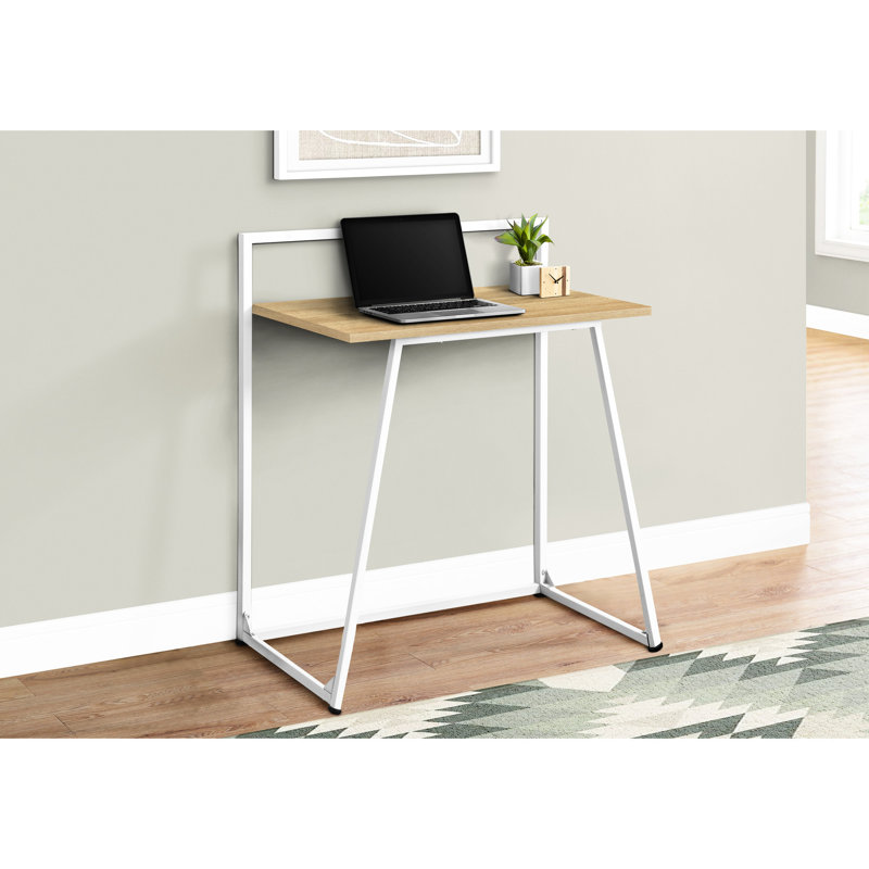 Bureau d'étude moderne de 76 cm (30 po) - Plateau en stratifié naturel et structure en métal blanc, idéal pour l'apprentissage, bureau d'ordinateur contemporain, poste de travail pour ordinateur portable avec piétement supérieur.