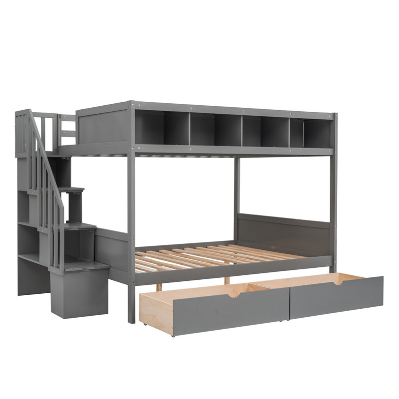 Lit superposé simple au-dessus de double avec tablettes, escalier de rangement et 2 tiroirs, Gris