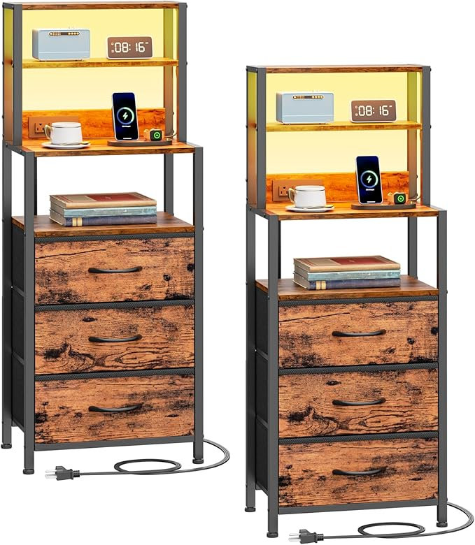Ensemble de 2 tables de chevet à DEL, de grandes tables de chevet avec 3 tiroirs et 3 tablettes ouvertes chacune, 2 prises et 2 ports USB, tube de lumière 4 couleurs
