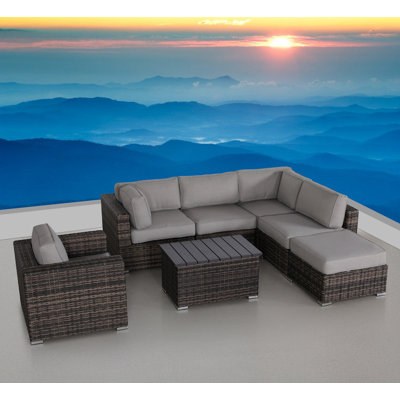 Ensemble de conversation en osier pour 5 personnes avec coussins Tien