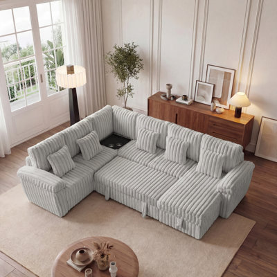 Canapé modulaire en U en velours côtelé ultra doux avec rangement et lit escamotable, table basse d'angle avec porte-gobelet et port USB; Convient au salon, canapé modulaire en velours côtelé confortable