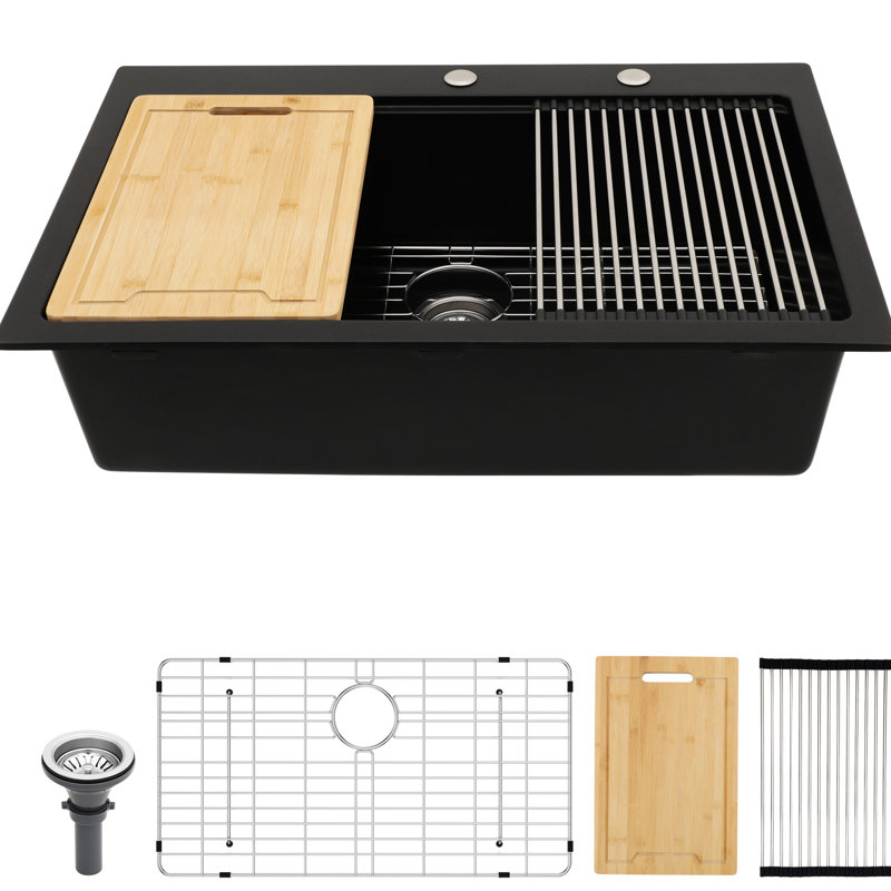 33X22" Black Granite Quartz Workstation Drop - In Kitchen Sink, With Smooth Non Porous Surface, Easy To Wipe Clean, Comes And Strainers High End Quartz, Thick , Hard Surface Protects Hands,