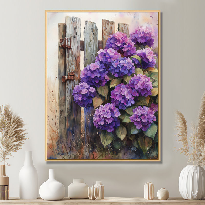 «Eastep Summer Hydrangeas By The Farm Fence VI», art mural hortensias, H 20 po x l 12 po, Reproduction avec cadre flottant