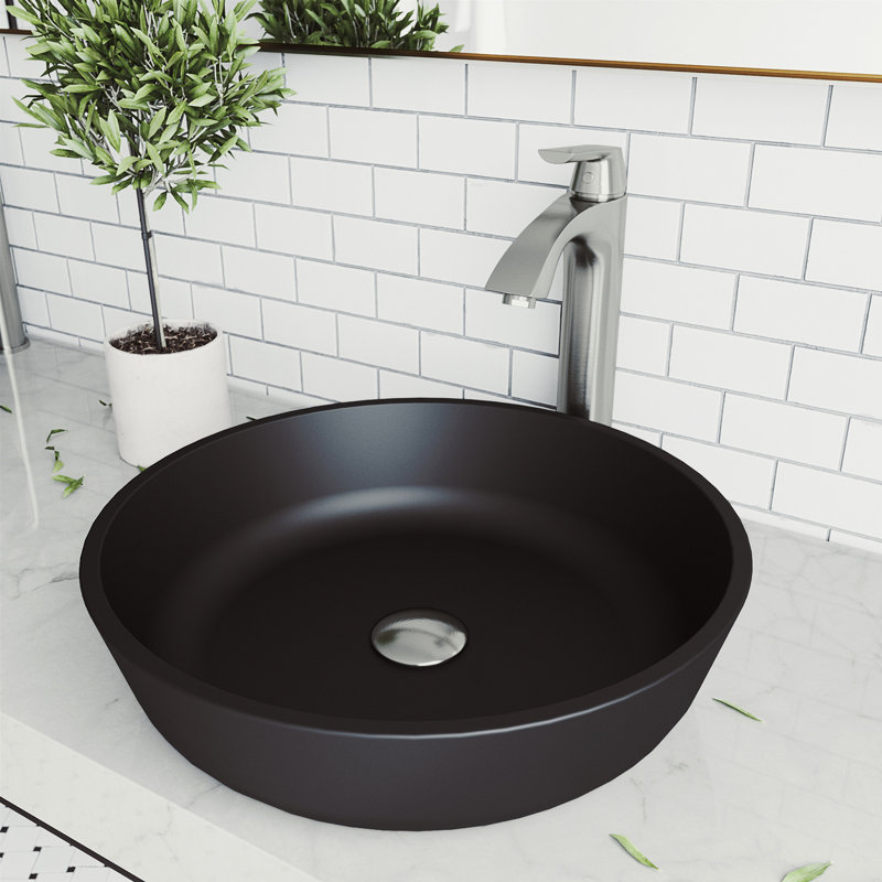 Giovanni 17" L x 17" W x 6" H Round Glass Vessel Bathroom Sink with 12" H Faucet, White Frost, Brushed Nickel