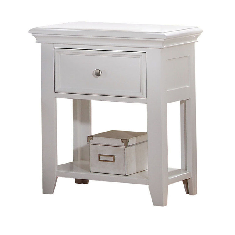 Table de chevet blanche polyvalente avec tiroir et tablette inférieure pour un look de chambre à coucher dans l'espace