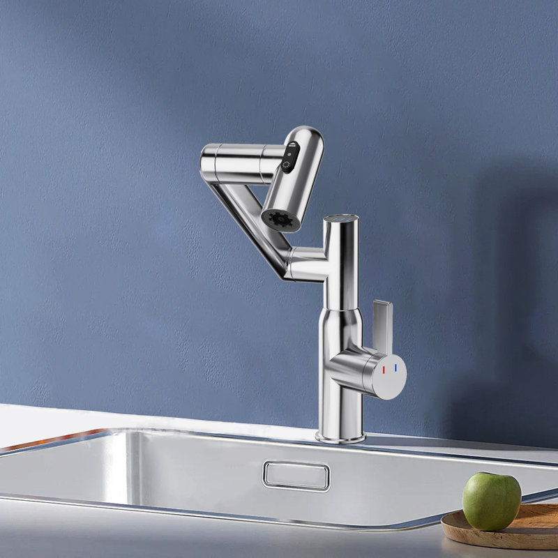Bathroom Sink Faucet With Spray Function And Temperature Display For Anti-Skid Switch And Hot & Cold And 360° Rotary, Chrome