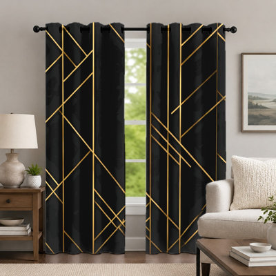 2Pcs Geometric-Pattern Curtains, Minimalist Style Curtain, Modern Elegant Linear Print Art Grommet Drapes, Window Treatment for Bedroom Living Room Decor