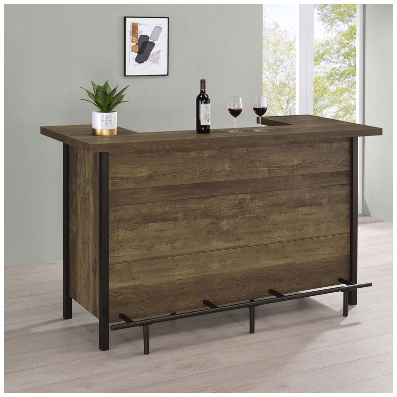 Bar autoportant en chêne rustique avec rangement pour bouteilles de vin et porte-verres Lampton