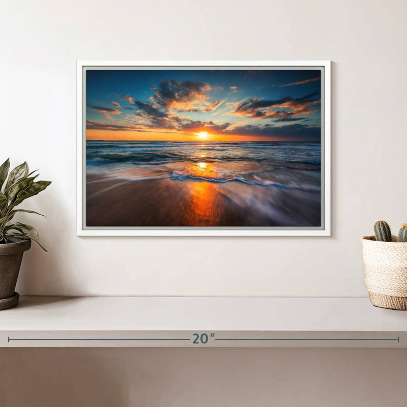 Été, océan, lever de soleil, Cadre flottant blanc, 13 po x 9 po
