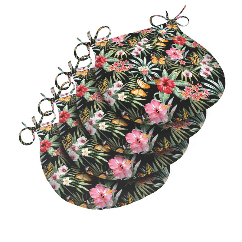 D' Shaped Water-repellent Seat Pad Set of 4, Green/Black/Pink Floral