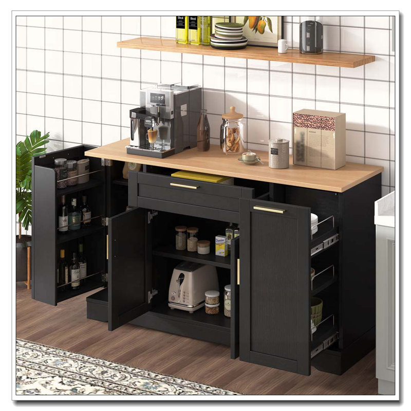 Buffet multifonctionnel avec table extensible et support coulissant, Noir