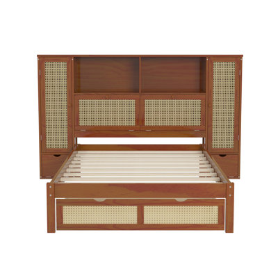 Lit simple en bois avec deux casiers de rangement, un tiroir et une tablette de rangement sur la tête de lit, lit plateforme multifonctionnel en rotin naturel