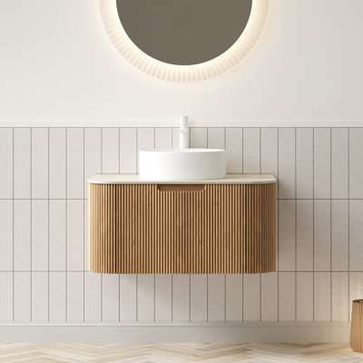 Annora 30" Floating Curved Striped Bathroom Vanity with Ceramic Vessel Sink & Sintered Stone