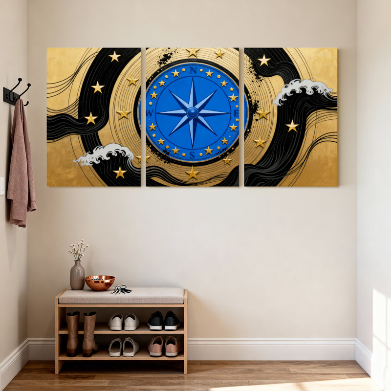 Boussole dorée avec étoiles et vagues, ensemble de 3 impressions sur toile, H 18 po x l 36 po