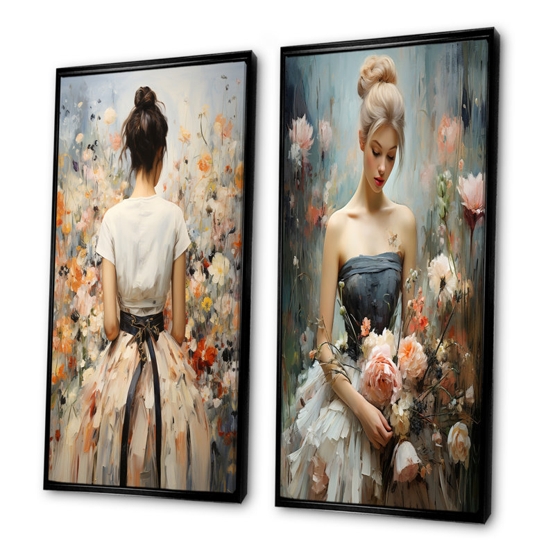 Impressionniste mode femme dans un champ de fleurs I - Fashion Wall Art salon ensemble de 2, Cadre noir, H 28 po x l 25 po