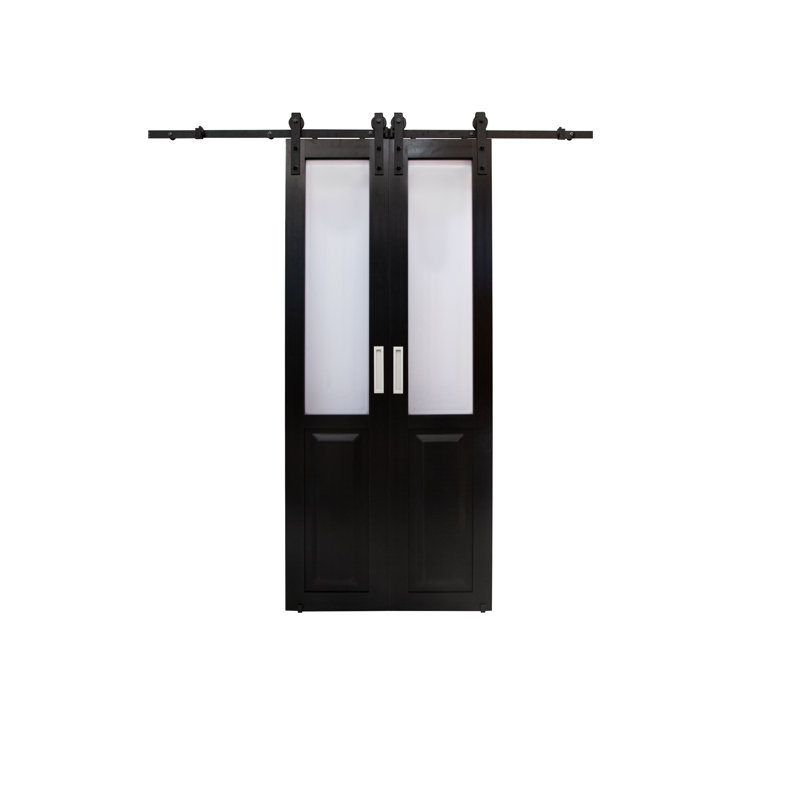 Porte de grange à panneaux en PVC / vinyle et verre avec quincaillerie d'installation, Noir