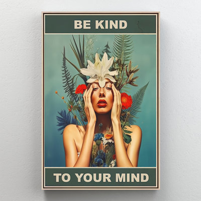 «Be Kind To Your Mind», art mural sur toile lys et fougères - décor de salon, de chambre à coucher ou de bureau