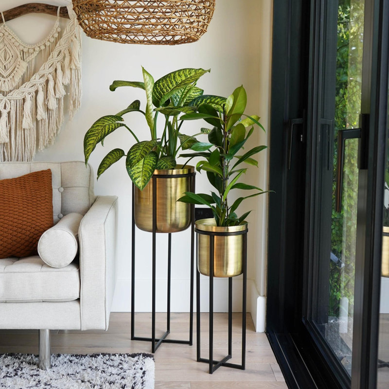 Metal Pot Planter, Black/Antique Gold, 58cm H x 22cm W x 22cm D