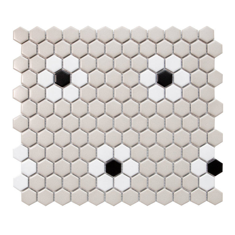Carreau de mosaïque en porcelaine nid d'abeille 1 po x 1 po Value Series, Gris / blanc et fleur noire