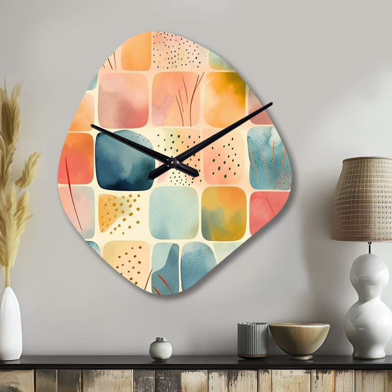 Motif orange amusant de formes III - horloges géométriques asymétriques en métal, horloge murale de forme irrégulière orange