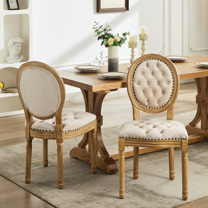 Chaises de salle à manger confortables à dossier, en velours beige, avec base en bois massif au design élégant