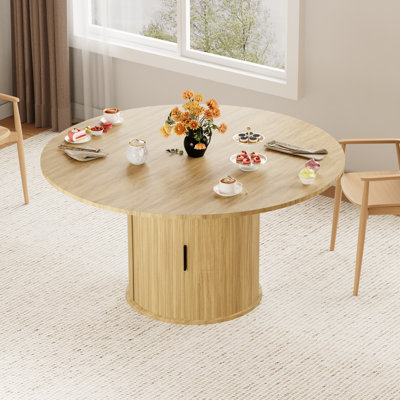 Round Extendable Dining Room Table For 4-8, Circle Kitchen Table With 2-Layer Storage Shelf And A Drawer, Modern Farmhouse Dinner Tables With Sliding