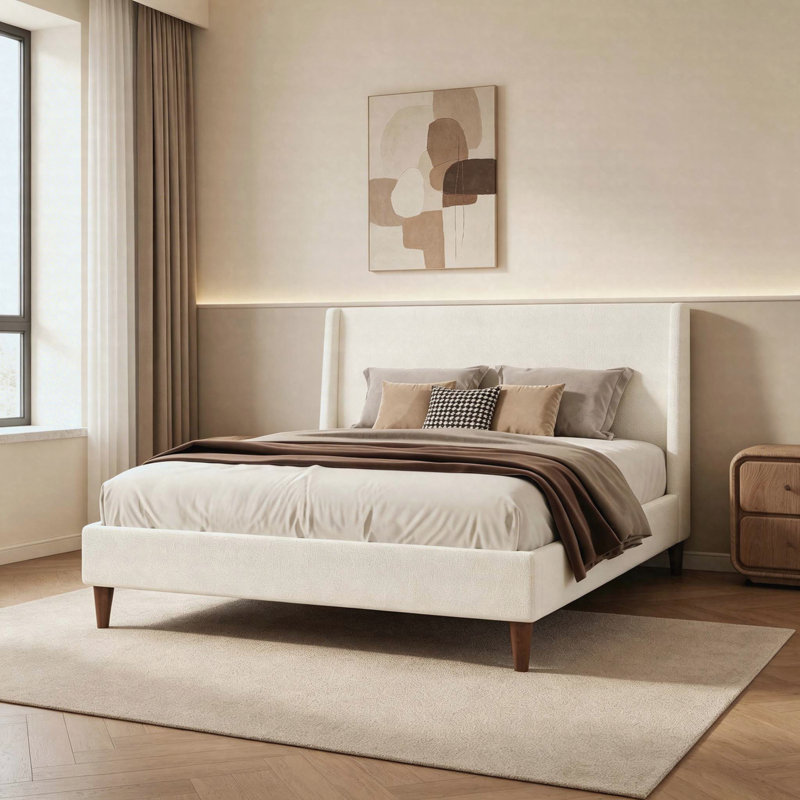 Lit plateforme tapissier moderne avec tête de lit à oreilles et pieds en bois de noyer Modern, King, White
