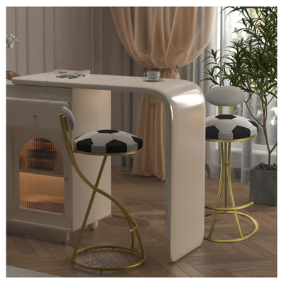 Football Print Bar Stools Set of 2 Upholstered Counter Height Barstool for Kitchen Island S-shaped Velvet Metal Dining Chairs (Gold Frame & Creamy White Back) Plaid + Kitchen + Set of 2 + Metal + Gold+Creamy White