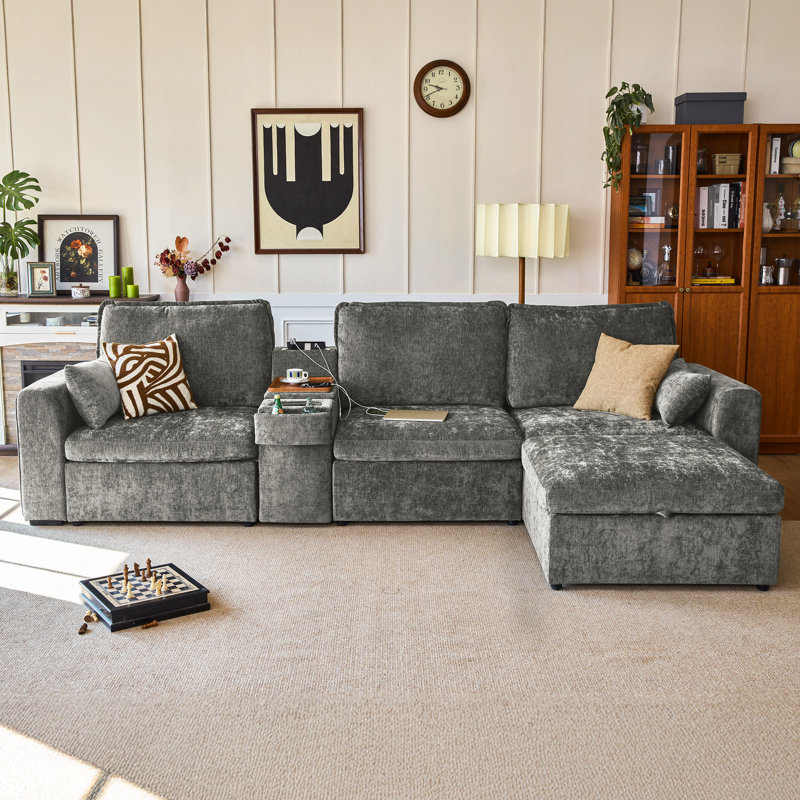 L-Shaped 4-Seater Sectional Chenille Oversized Modular Sofa Cloud Couch with Versatile Console, Convertible Side Table with Charging Storage Cup Holder