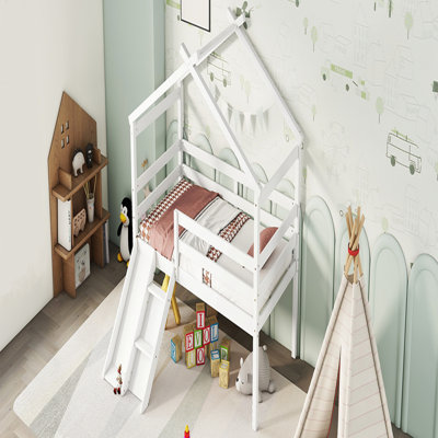 Lit simple mezzanine bas avec glissade, échelle et garde-corps de sécurité, idéal pour les chambres d'enfants amusantes et sécuritaires