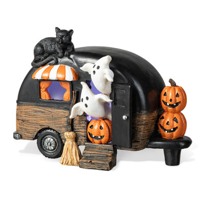 9.25" L Halloween Polyresin Lighted Camper Table Decor with Ghost, Pumpkin & Black Cat