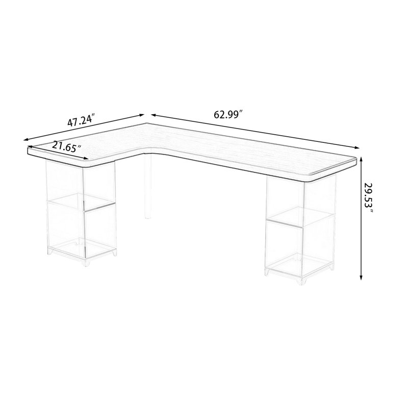 Tan+Clear Rectangular Solid Wood+Acrylic desks, 29.53" H x 62.99" W x 47.24" D, Left Hand Return