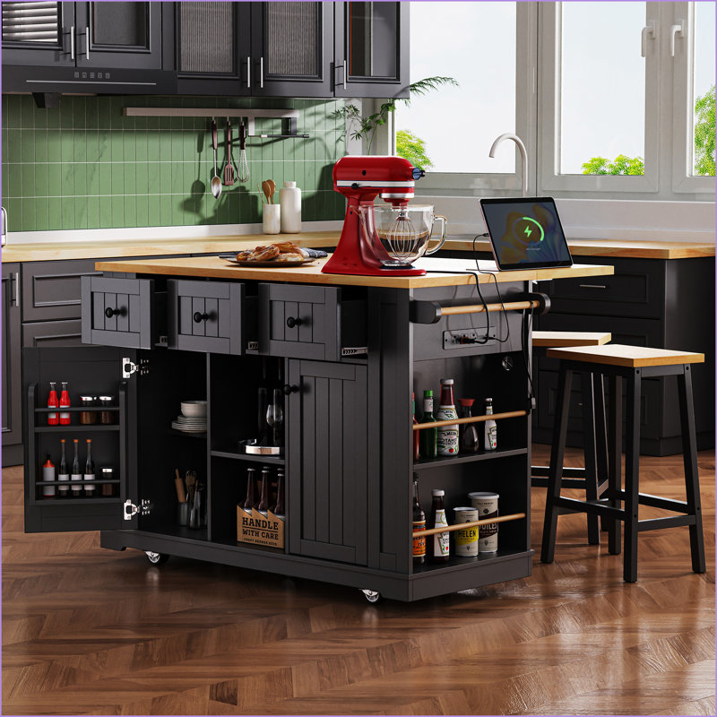 Kitchen Island Set with 2 Bar Stools, 53-Inch Black MDF with Storage, Power Outlets, Drop Leaf | Black | Medium (40-55in)