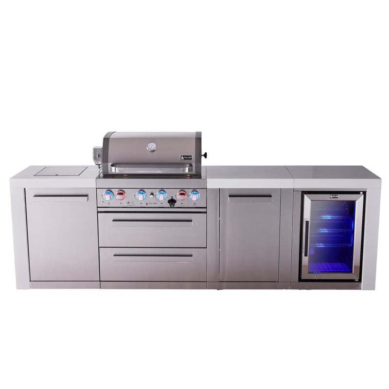 Îlot de cuisine modulaire en acier inoxydable de luxe avec réfrigérateur 107 po x l 32 po x 4 po + brûleur latéral + comptoirs en granite + armoires et tiroirs de rangement + couvercle + convertible au gaz naturel + Garantie à vie