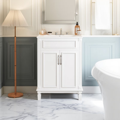 24" Modern Bathroom Vanity with Ceramic Sink, Freestanding Bathroom Cabinet with 2 Soft-Close Doors & Adjustable Shelf, Frame Bathroom Storage Vanity