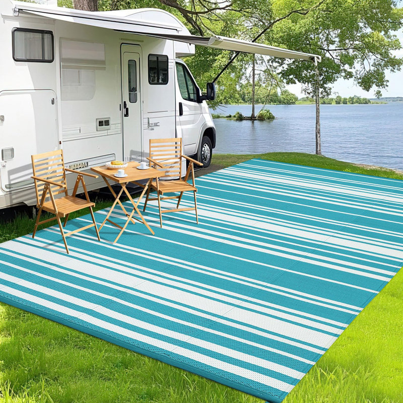 8x10 Outdoor Rug Modern Striped Plastic Straw Rug Outside for Picnic Non Shedding Modern Indoor Outdoor Rugs UV-Resistant Outside Carpet for Patio Trailer Backyard Balcony, Light Blue White