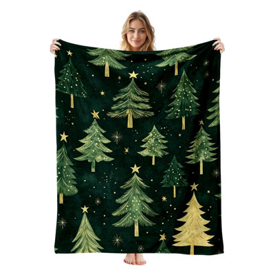 Plaid en flanelle polaire JYK pour Noël, léger, respirant, doux et chaud en microfibre pelucheuse, 76 x 102 cm, motif sapins étoilés foncés