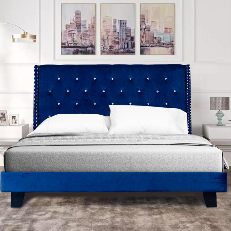Dendrick Upholstered Tufted Velvet Bed, King, Blue