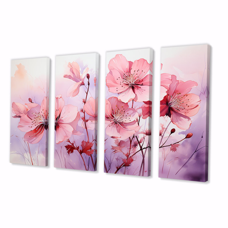 Mauve et rose coquelicots II - coquelicots, art mural 4 pièces, H 32 po x l 64 po
