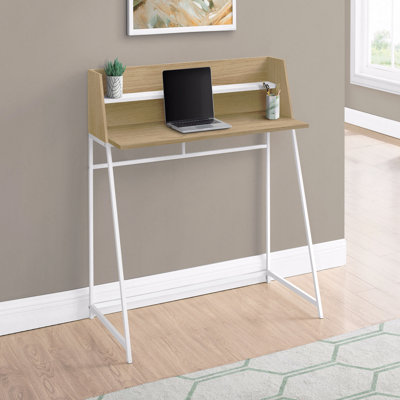 Bureau d'ordinateur, bureau personnel, ordinateur portable, tablettes de rangement, L 48 po, travail, stratifié naturel, métal blanc, contemporain, moderne