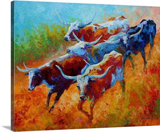 «Aigars Longhorns II» par Marion Rose, reproduction d'art sur toile, H 16 po x l 20 po x P 1,25 po