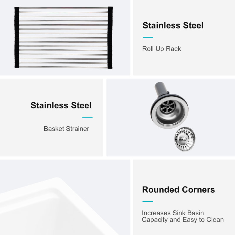 White 21X18" Granite Composite Quartz Workstation Sink For Kitchen, Undermount Style, Smooth And , Dirt - , Quiet Use, Package With Rack, Strainers, Grid, Board Installation Guide Kitchen Sink, High