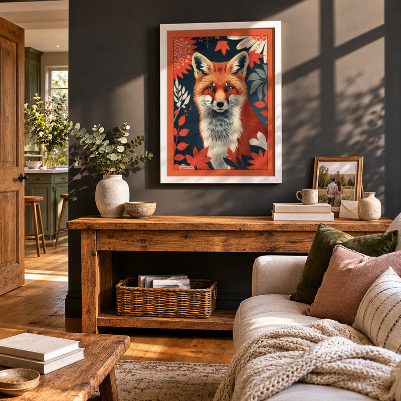 Fox in Botanical Frame Boho - Framed Print, A3 - 42.0 x 29.7 cm, White