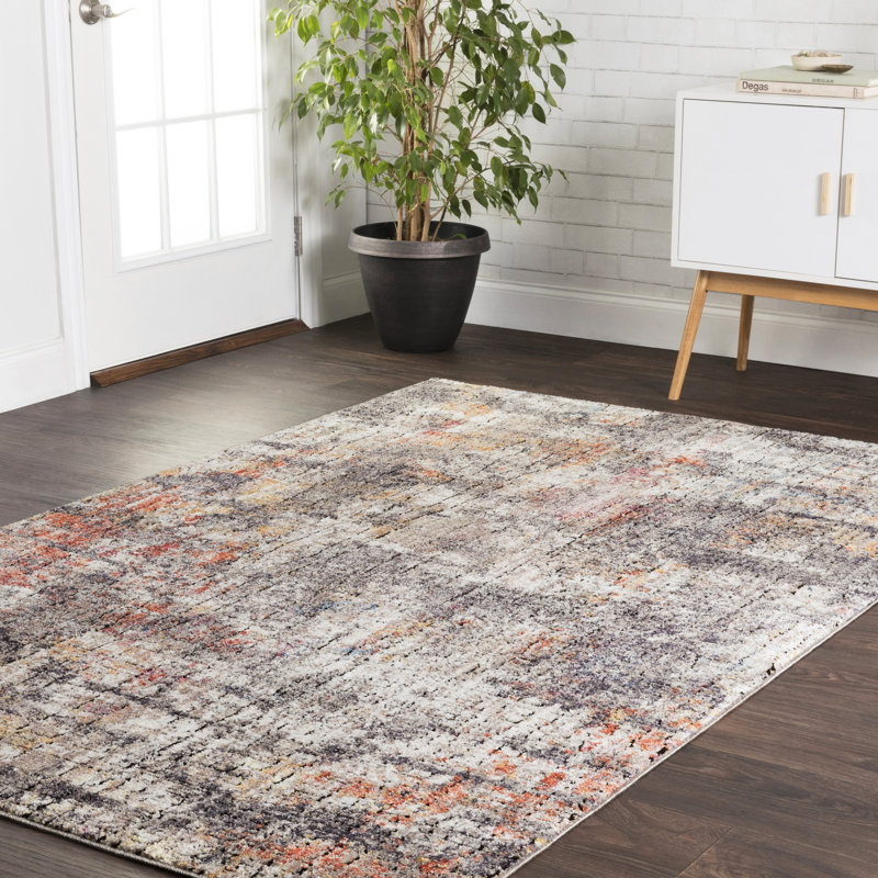 Tapis graphite et coucher de soleil à motif abstrait Hanfried, Rectangle 5 pi x 7 pi 6 po
