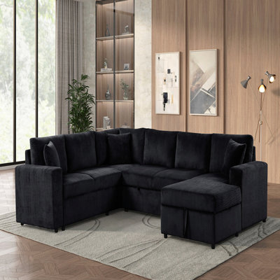 123"W Black Corduroy Sleeper Sectional Sofa With Right-Facing Storage Chaise And Throw Pillows