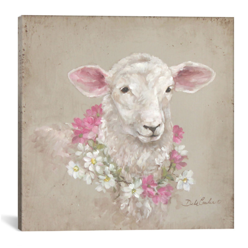 «Sheep with Wreath» par Debi Coules - Impression sur toile tendue sur châssis, H 18 po x l 18 po x P 1,5 po, Pas de tapis