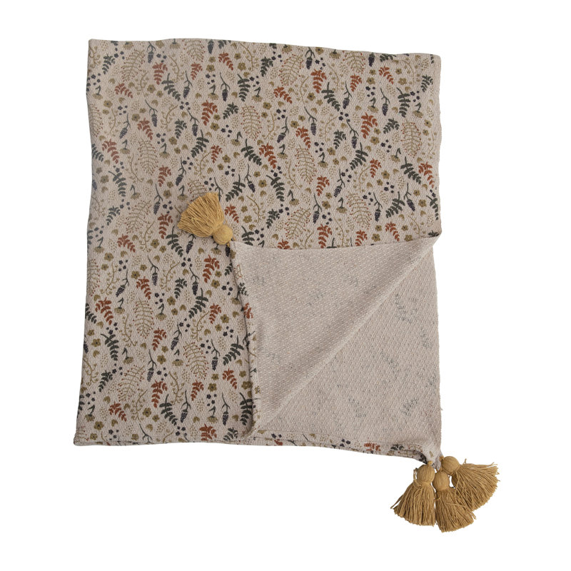 Neutral Floral Cotton Blend Throw Blanket with Tassels, 60" x 50"