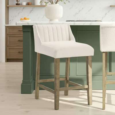 Fauna Modern Transitional Wood Counter Height Kitchen Bar Stool In Putty Brown Finish With White Boucle Fabric Upholstered Seat