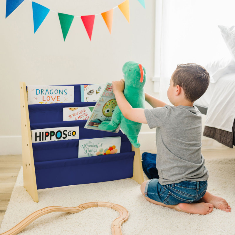 Wildkin Wooden Sling Bookshelf for Kids – Premium Canvas Design with 4 Fabric Shelves, Organizer for Home or Classroom - Natural w/ Dark Blue